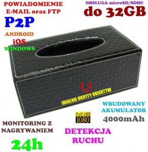 Mikro-Kamera FHD WiFi/P2P (Zasięg Cały Świat!) Ukryta w Pudełku na Chusteczki + Zapis itd.